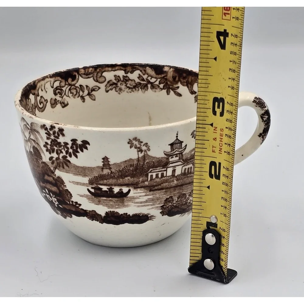 Antique Brown Transferware Tea Cup Chinoiserie Pagoda Landscape Scene White